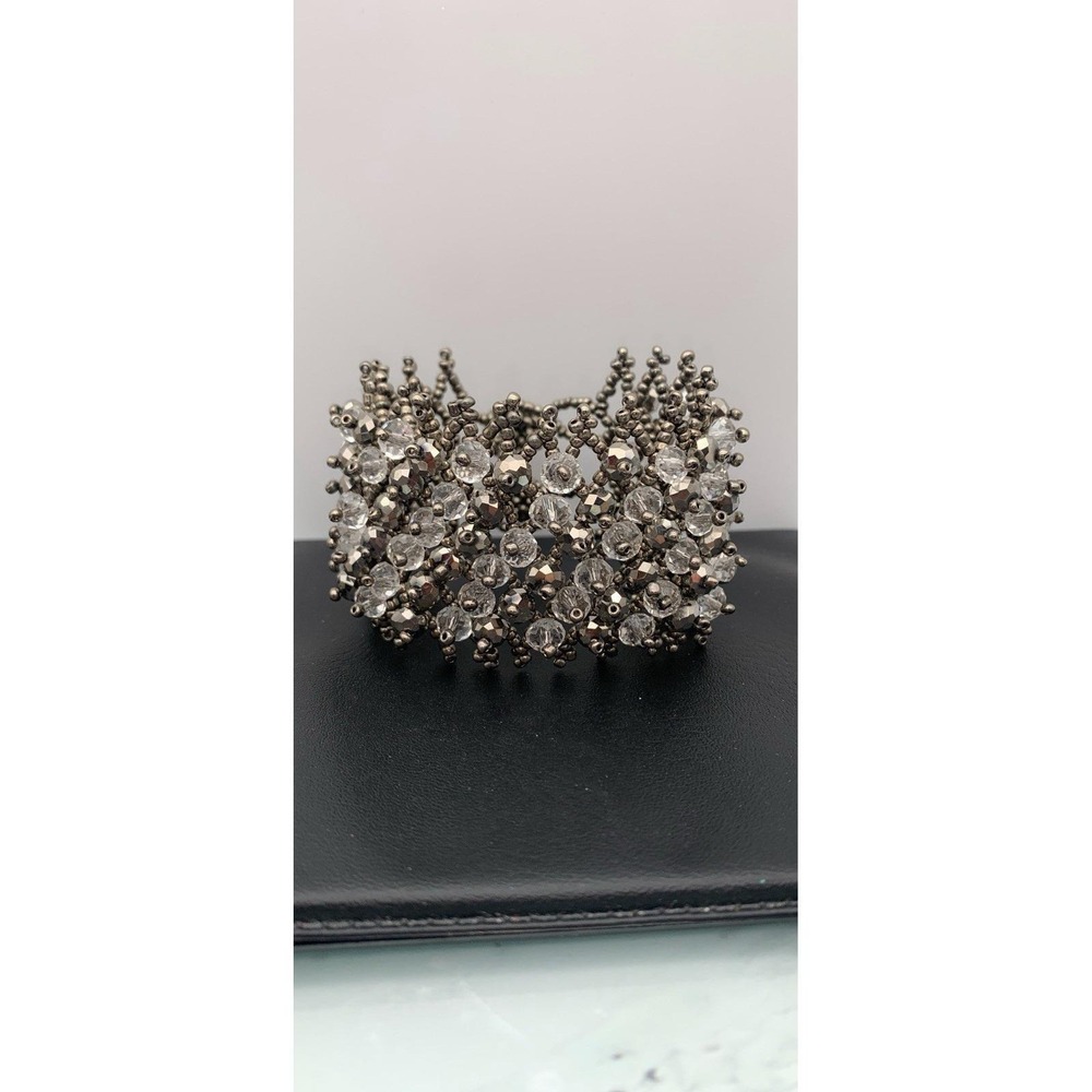 Vintage‎ Handmade Faceted Hematite Beaded Bangle Bracelet Wide Super-Sparkling